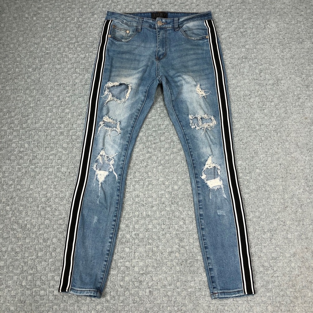THRT Jeans Mens 32 Blue Skinny Side Stripe Medium Wash Denim Ripped Capsule Norm